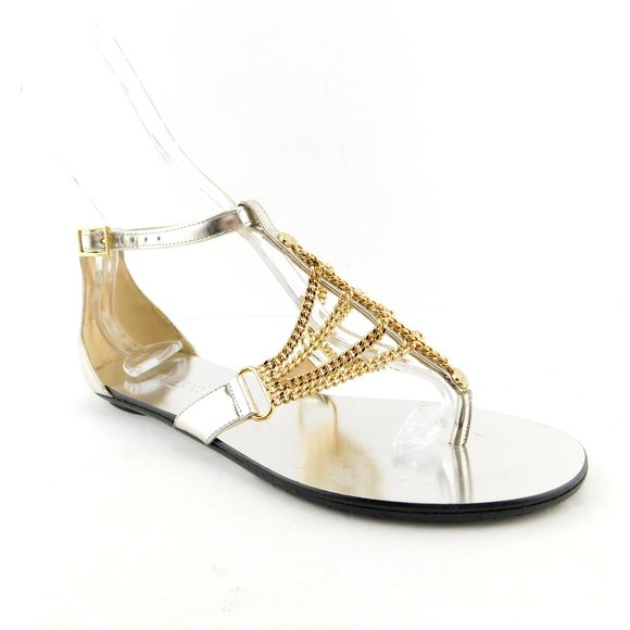 Unworn JIMMY CHOO Gold Chain Silver Leather T Strap Ankle Sandals 37.5